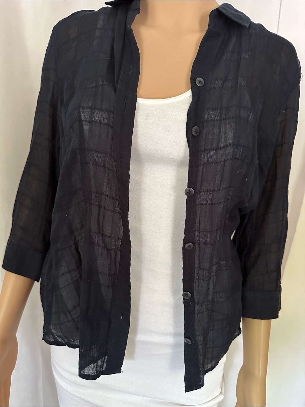 Coldwater Creek Sheer Burnout Style Navy Blue Button-Front Women's Top